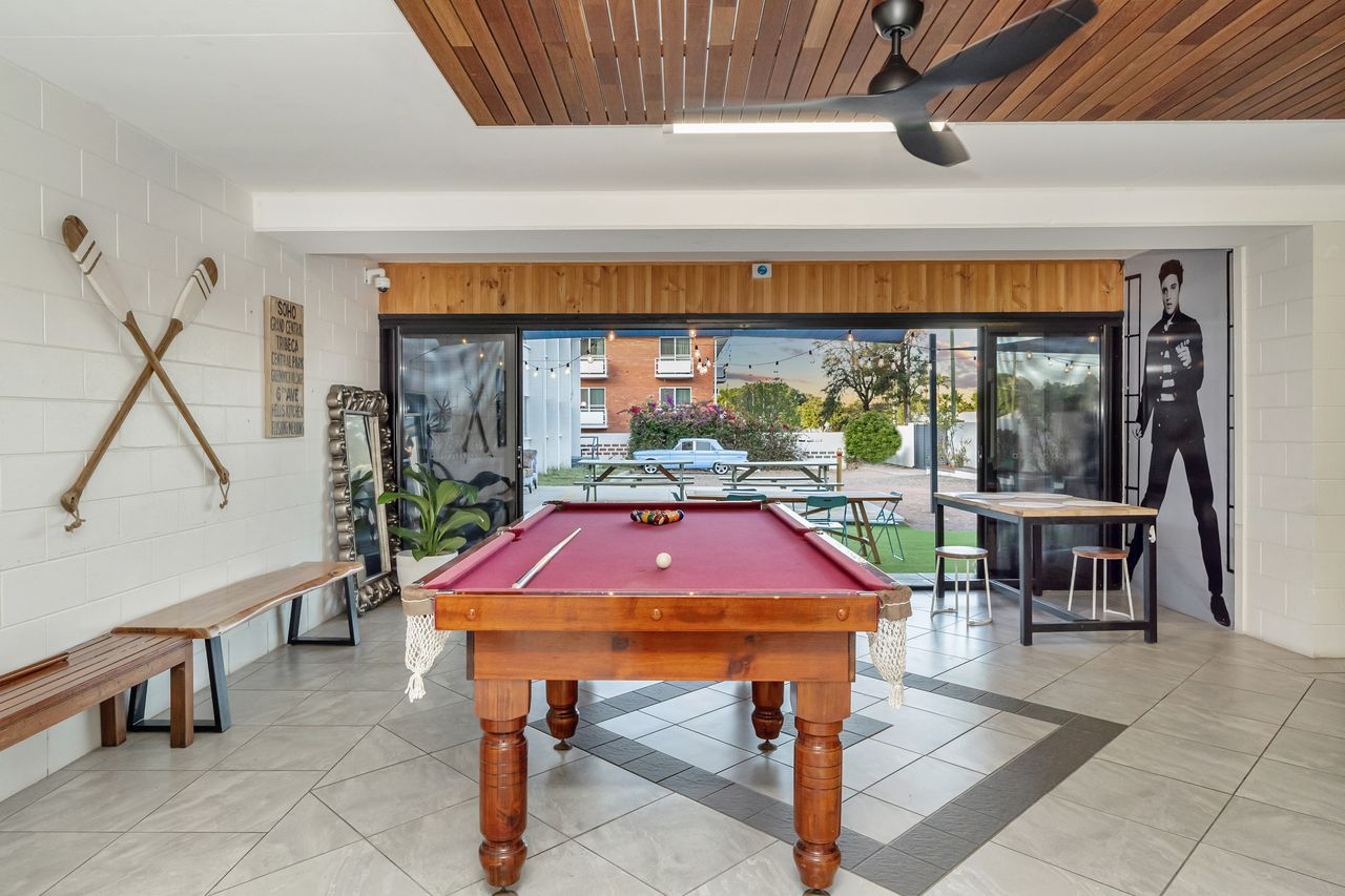 Seaside Lodge pool room and outdoor area