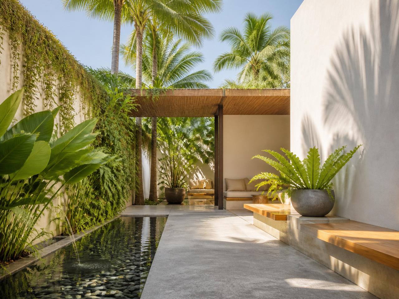 Zen Hostel courtyard in Townsville with warm natural light and tropical greenery
